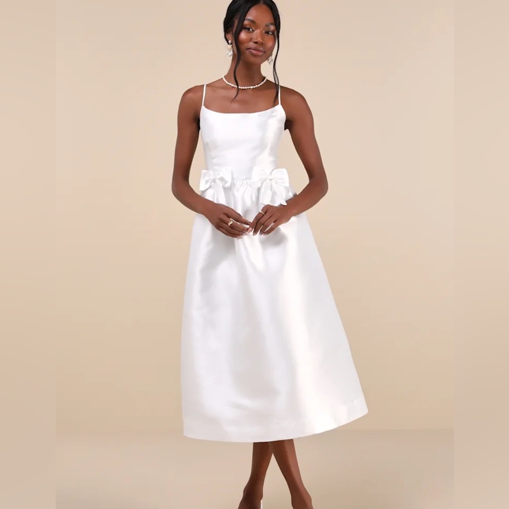 NWT Lulu’s Classy Aesthetic White Taffeta Bow Midi Dress With Pockets
